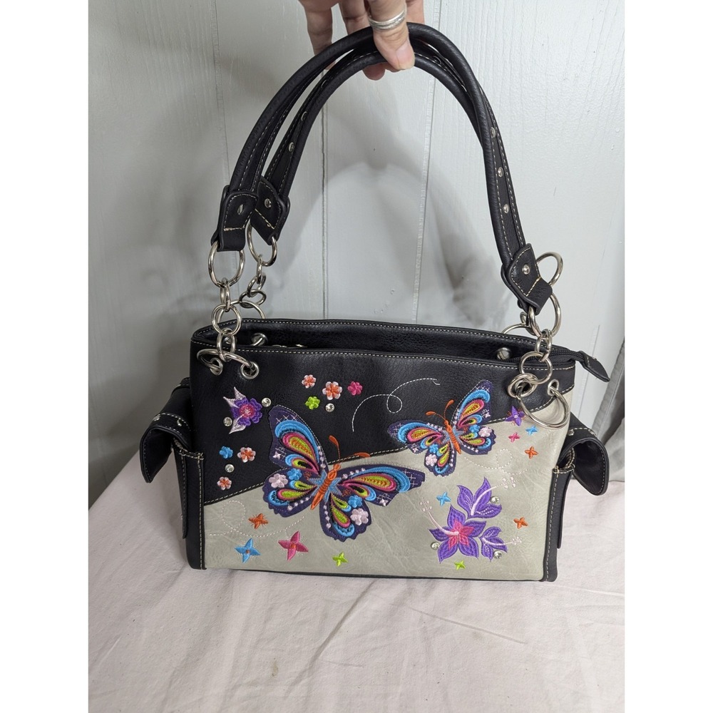 Butterfly flower black embroidered purse‎ handbag Shoulder bag Studded strap